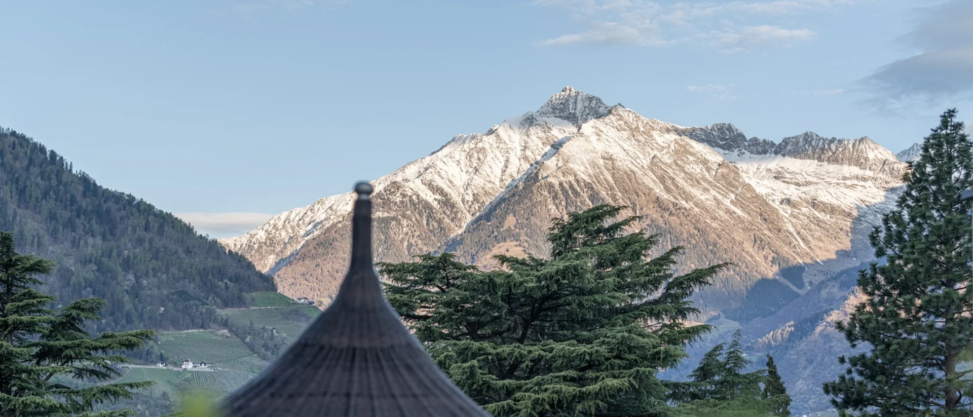 Snow-covered mountain with evergreen trees and modern outdoor furniture in front