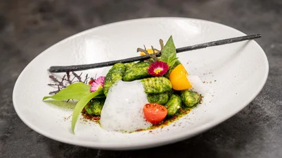 Grünes Gnocchi-Gericht mit Schaum, Blüten und schwarzen Stäbchen auf weißem Teller