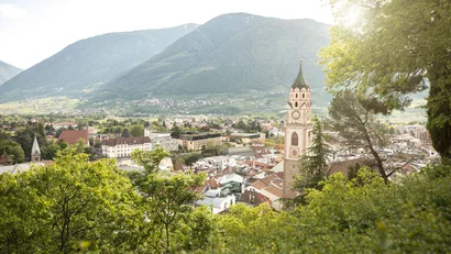 Blick auf eine Stadt mit Kirchturm vor Bergen und grünem Wald
